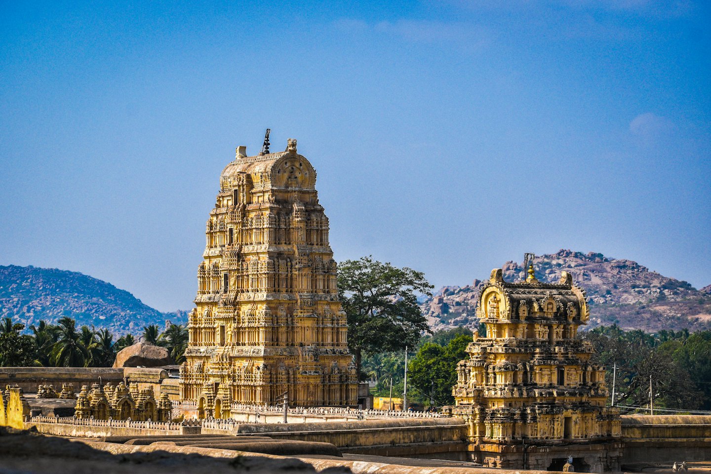 Two ornate tiered temple gopurams stand against a clear sky.